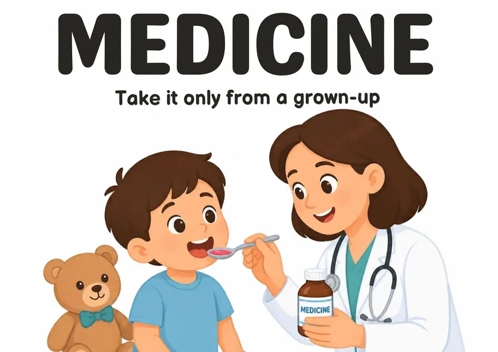 A Doctor Visit flashcard titled Medicine: the words "Take it only from a grown-up" over a grown-up giving a child a medicine cup, teddy bear watching.