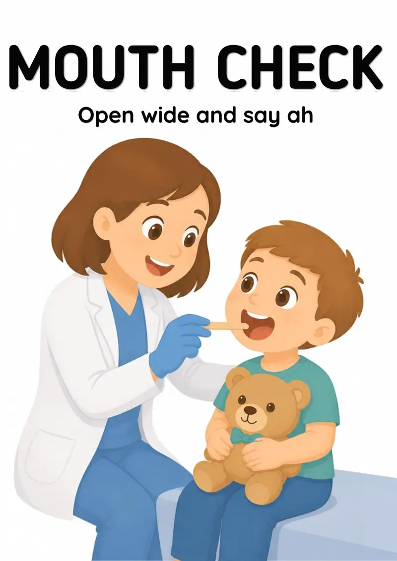 A Doctor Visit flashcard titled Mouth Check: the words "Open wide and say ah" over a doctor looking into a child&rsquo;s wide-open mouth, teddy bear on the lap.
