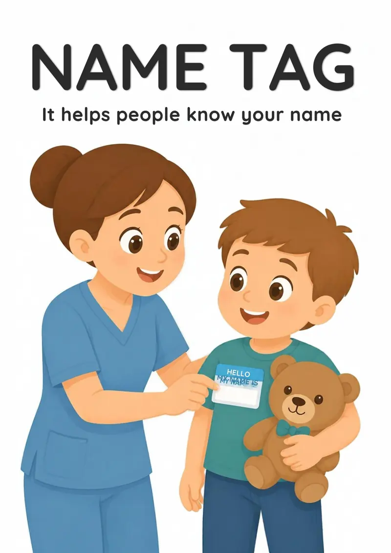 A Doctor Visit flashcard titled Name Tag: the words "It helps people know your name" over a nurse handing a child a name tag while the child holds a teddy bear.