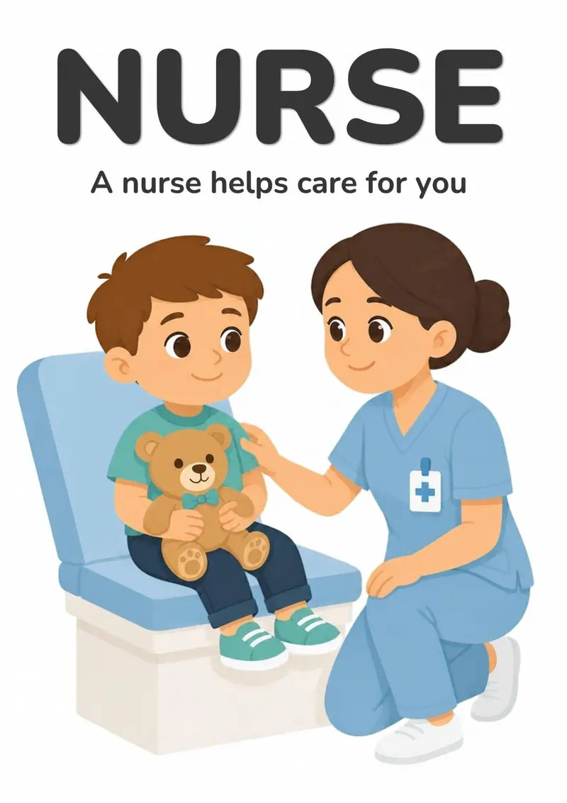 A Doctor Visit flashcard titled Nurse: the words "A nurse helps care for you" over a nurse kneeling beside a child sitting with a teddy bear.