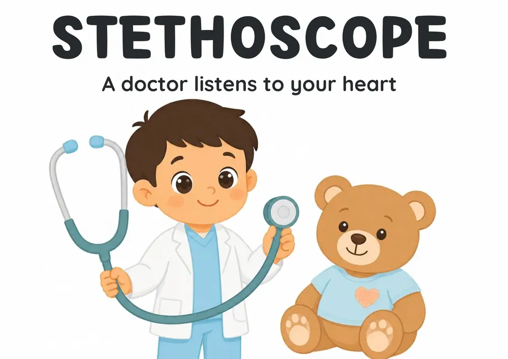 A Doctor Visit flashcard titled Stethoscope: the words "A doctor listens to your heart" over a child wearing a stethoscope around the neck beside a teddy bear.