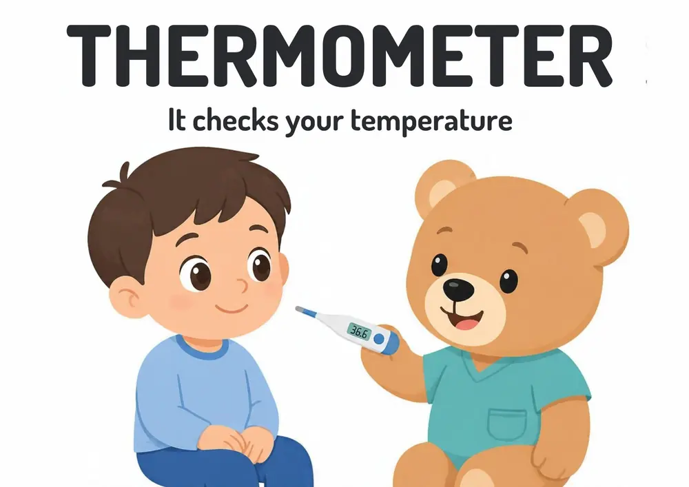 A Doctor Visit flashcard titled Thermometer: the words "It checks your temperature" over a child with a thermometer and a teddy bear.