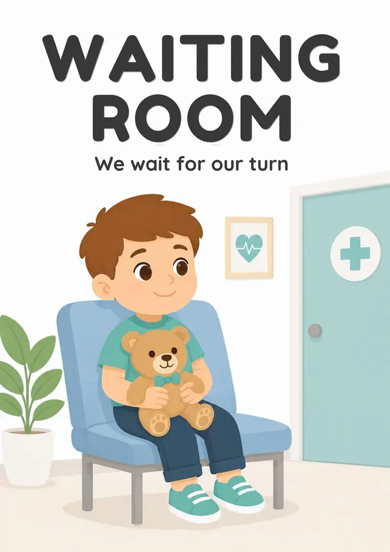 A Doctor Visit flashcard titled Waiting Room: the words "We wait for our turn" over a child sitting quietly on a clinic chair with a teddy bear.