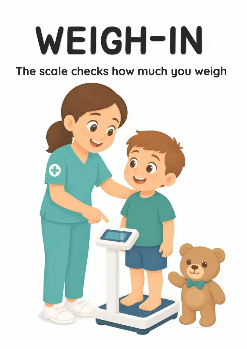 A Doctor Visit flashcard titled Weigh-In: the words "The scale checks how much you weigh" over a nurse guiding a child onto a clinic scale, teddy bear waiting.