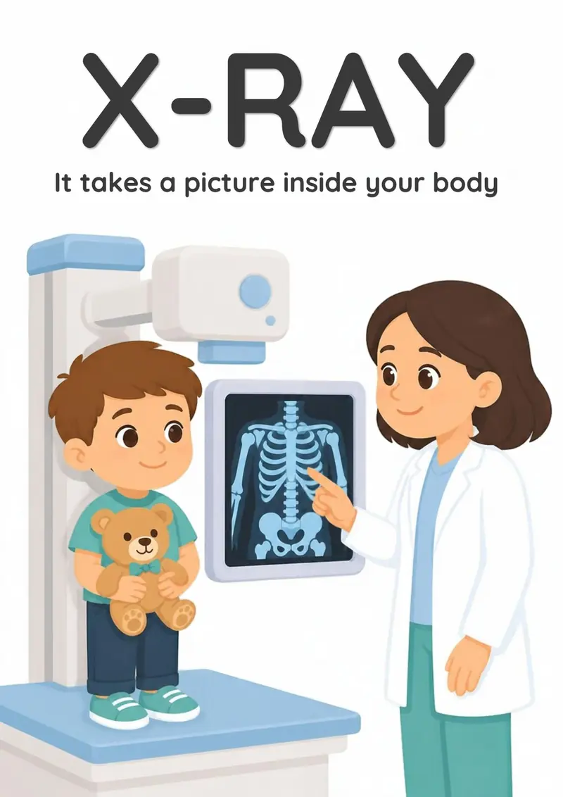A Doctor Visit flashcard titled X-Ray: the words "It takes a picture inside your body" over a doctor and child looking together at an x-ray picture on a screen.