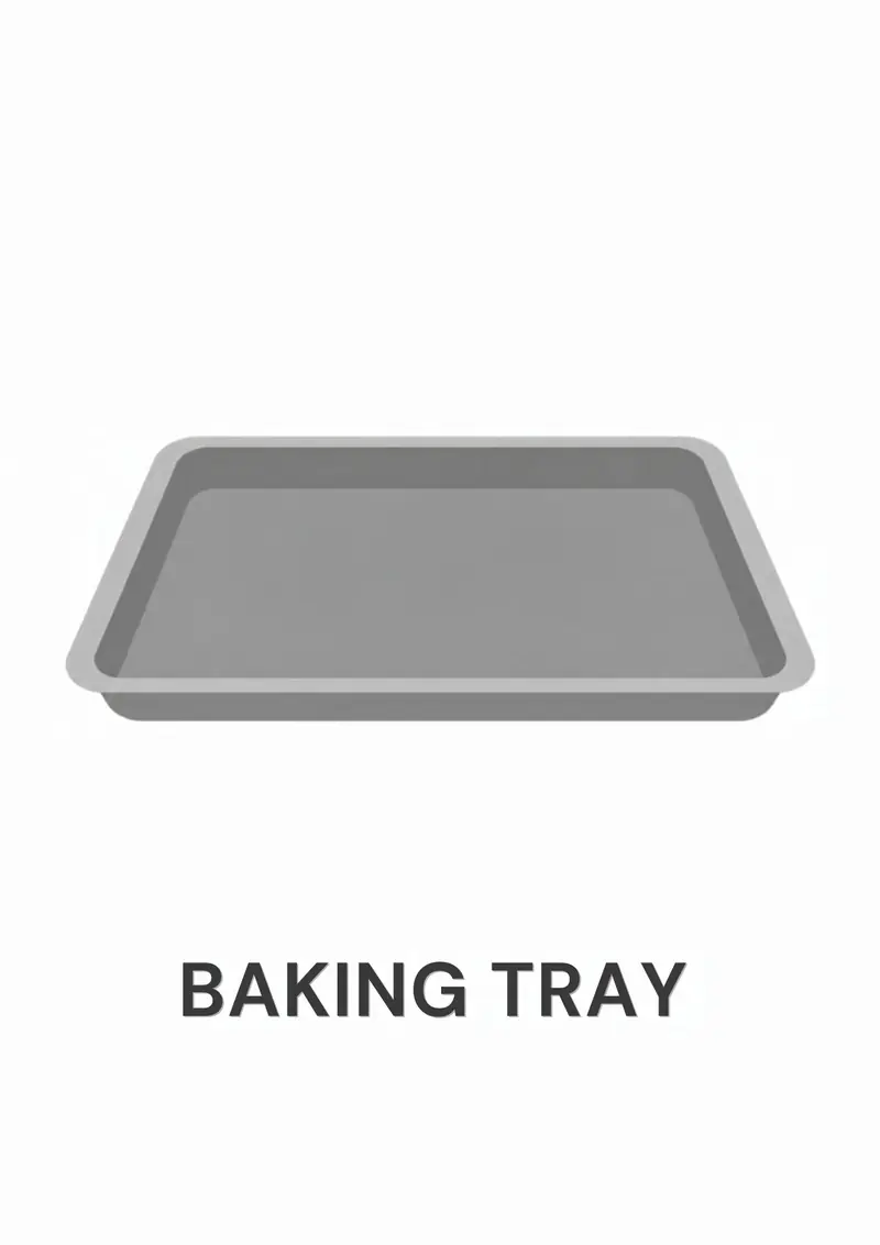 A kitchen flashcard titled Baking Tray: the words "baking tray" over a gray metal baking tray.