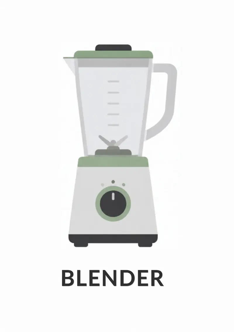 A kitchen flashcard titled Blender: the word "blender" over a white countertop blender.