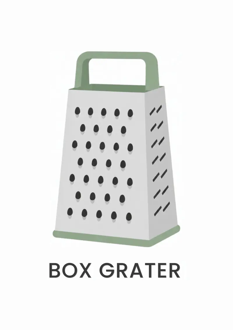 A kitchen flashcard titled Box Grater: the words "box grater" over a green and white four-sided grater.