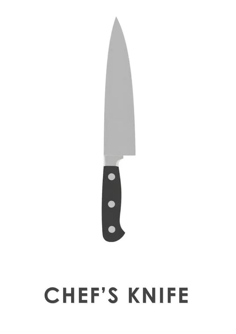 A kitchen flashcard titled Chef’s Knife: the words "chef’s knife" over a kitchen knife with a black handle.