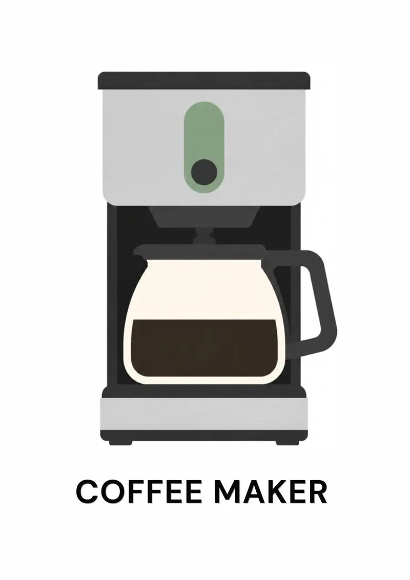 A kitchen flashcard titled Coffee Maker: the words "coffee maker" over a drip coffee machine with a glass jug.