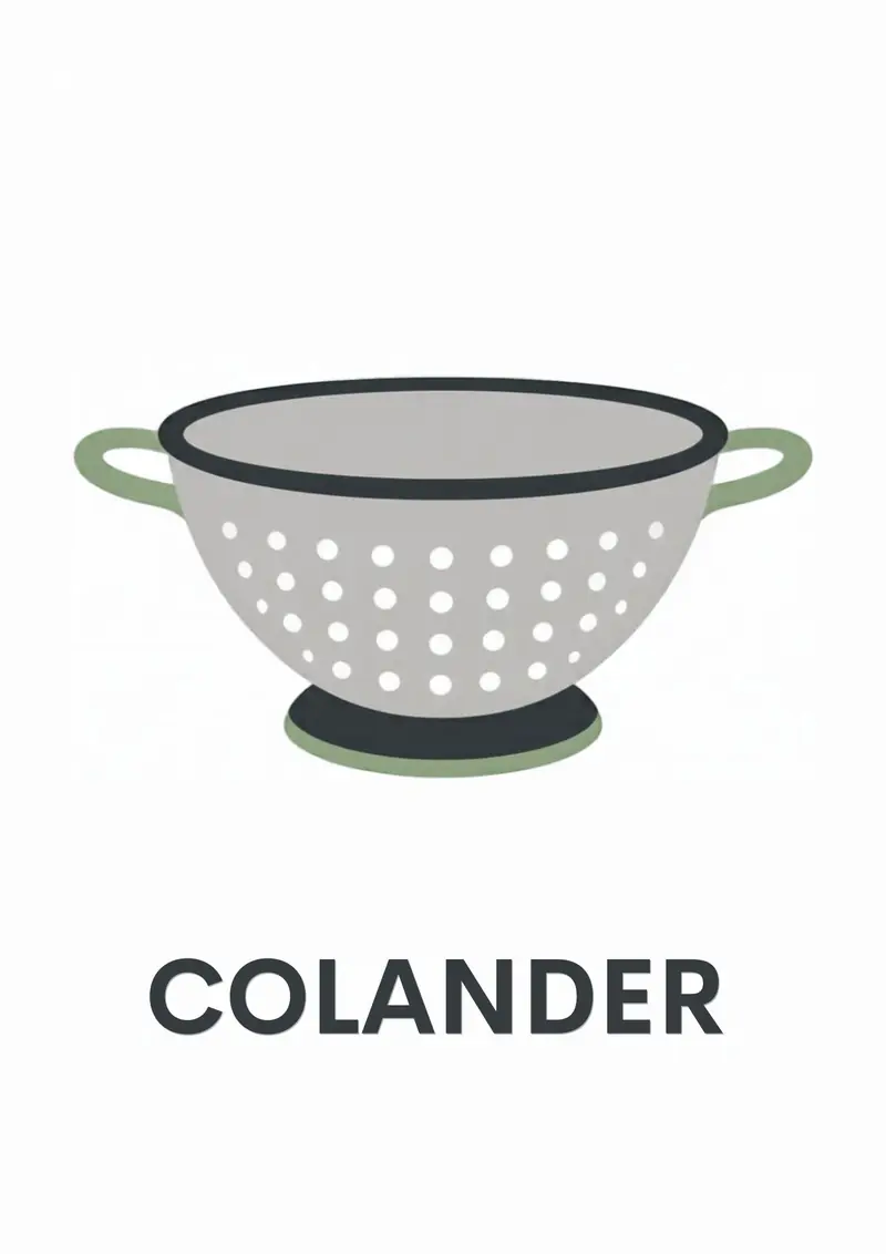 A kitchen flashcard titled Colander: the word "colander" over a green colander full of drain holes.