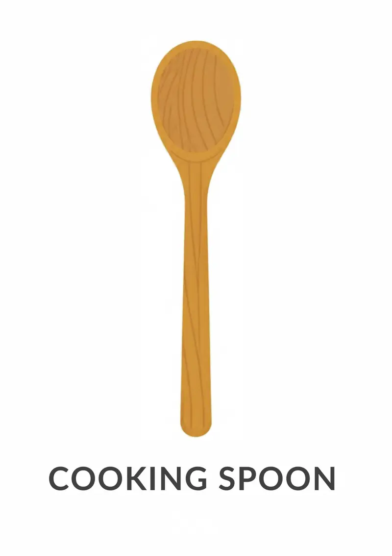 A kitchen flashcard titled Cooking Spoon: the words "cooking spoon" over a wooden spoon.