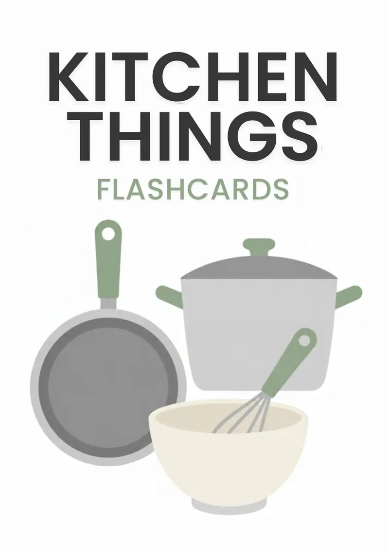 Cover of the Kitchen Things flashcards set: pans and a bowl with the words "Kitchen Things Flashcards".