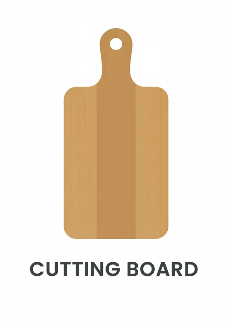 A kitchen flashcard titled Cutting Board: the words "cutting board" over a wooden cutting board.