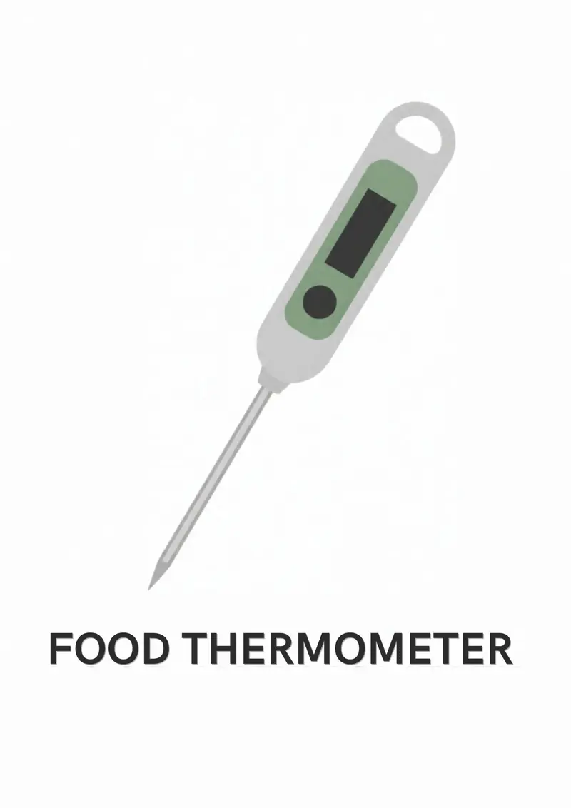 A kitchen flashcard titled Food Thermometer: the words "food thermometer" over a digital probe thermometer.