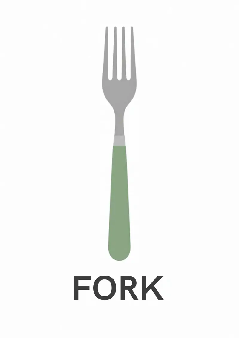 A kitchen flashcard titled Fork: the word "fork" over a fork with a green handle.