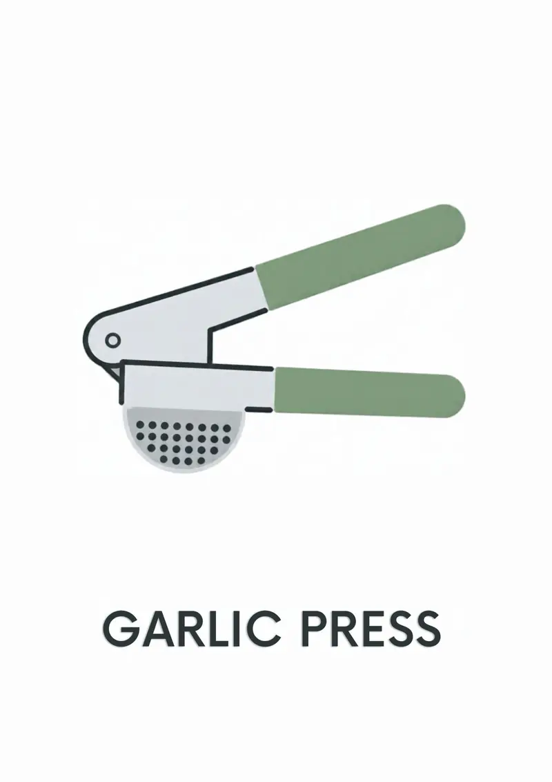A kitchen flashcard titled Garlic Press: the words "garlic press" over a green garlic press.