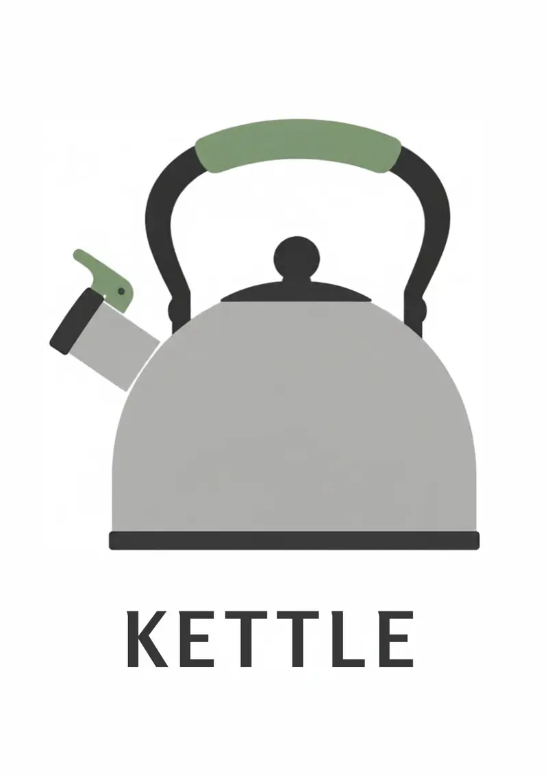 A kitchen flashcard titled Kettle: the word "kettle" over a gray stovetop kettle.