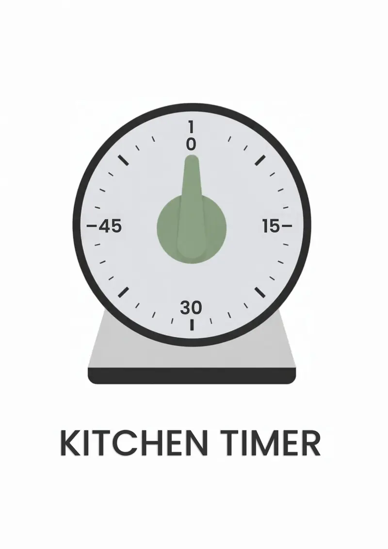 A kitchen flashcard titled Kitchen Timer: the words "kitchen timer" over a round dial kitchen timer.