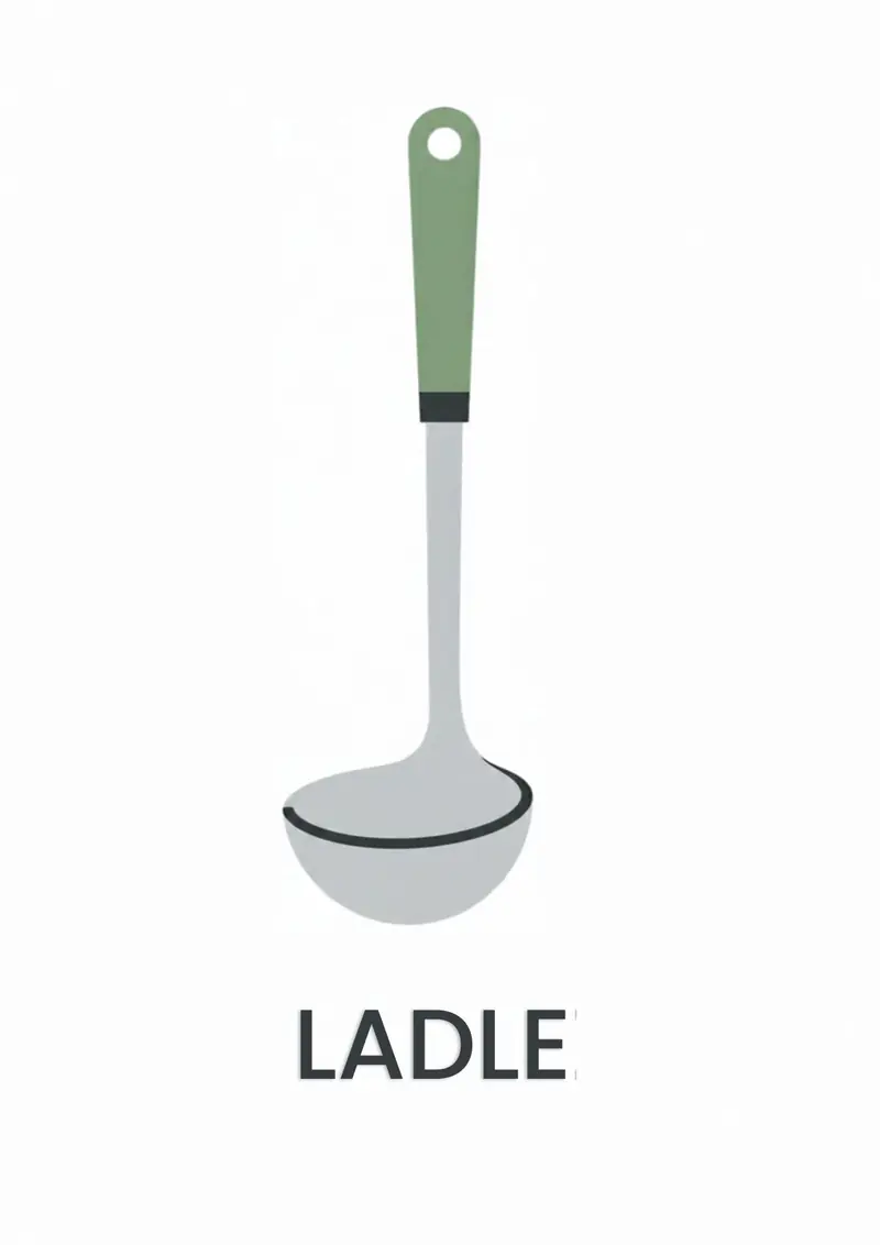 A kitchen flashcard titled Ladle: the word "ladle" over a green-handled soup ladle.