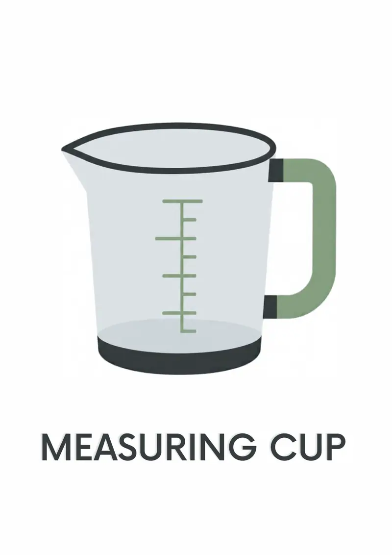 A kitchen flashcard titled Measuring Cup: the words "measuring cup" over a glass measuring jug with markings.