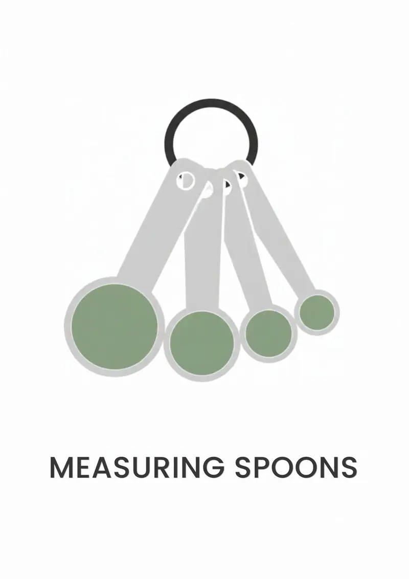 A kitchen flashcard titled Measuring Spoons: the words "measuring spoons" over a set of green measuring spoons on a ring.