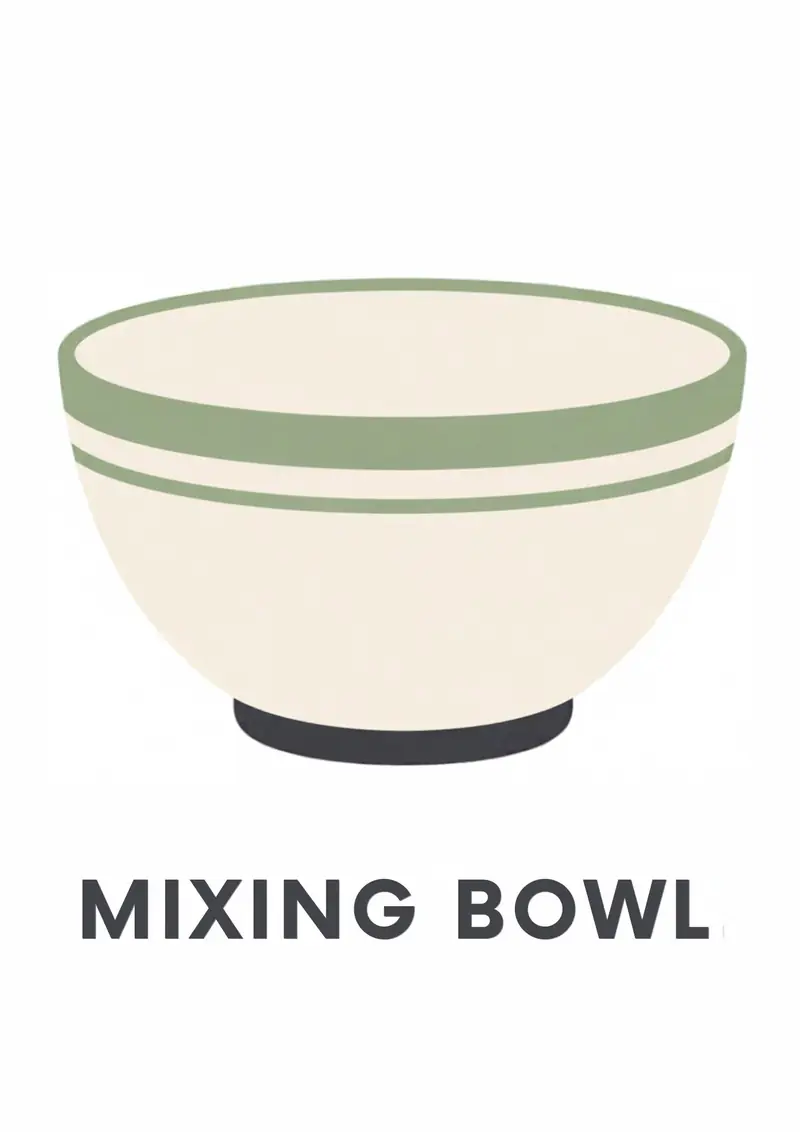 A kitchen flashcard titled Mixing Bowl: the words "mixing bowl" over a cream mixing bowl with a green stripe.