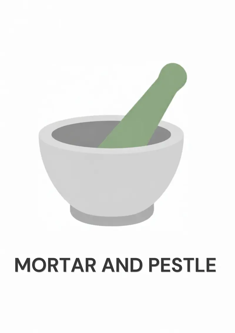 A kitchen flashcard titled Mortar and Pestle: the words "mortar and pestle" over a stone grinding bowl and club.