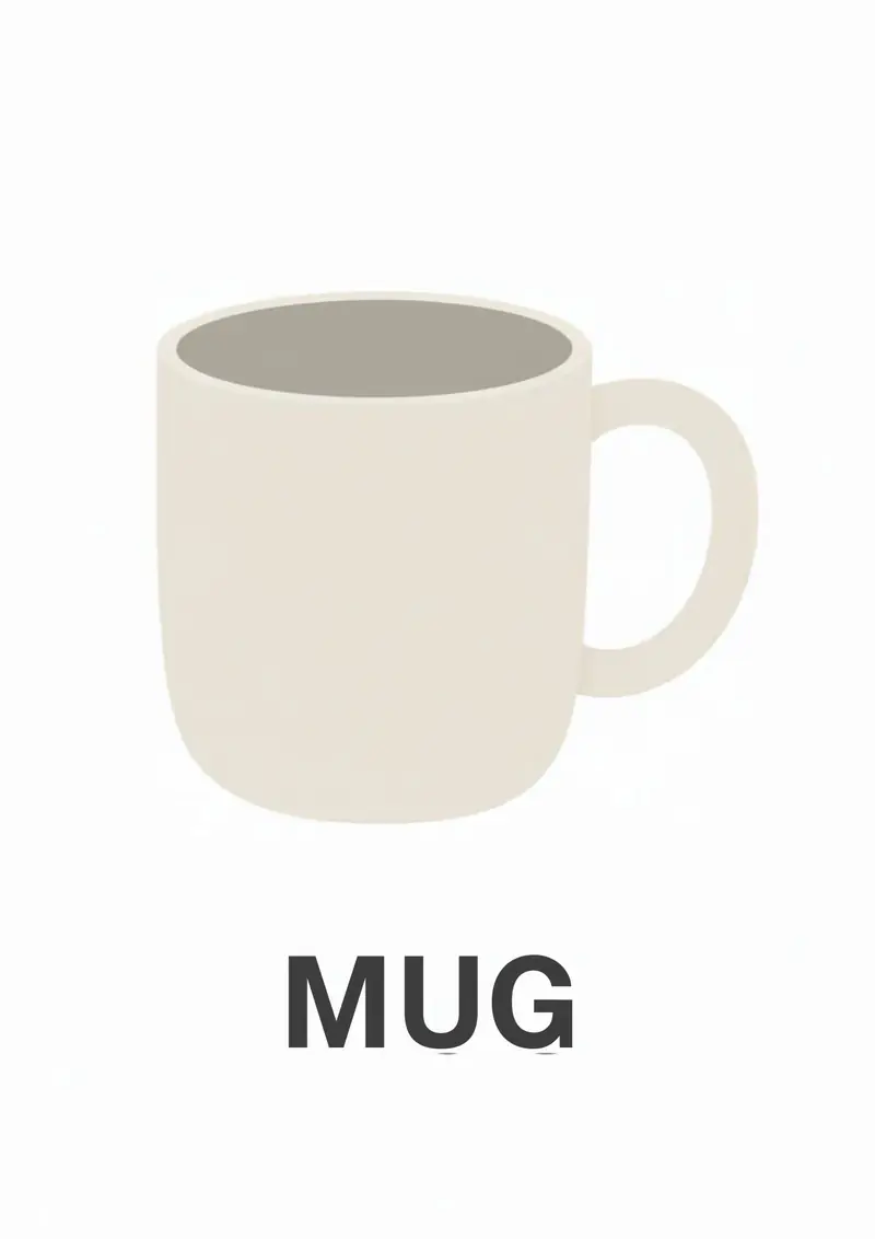 A kitchen flashcard titled Mug: the word "mug" over a cream mug.