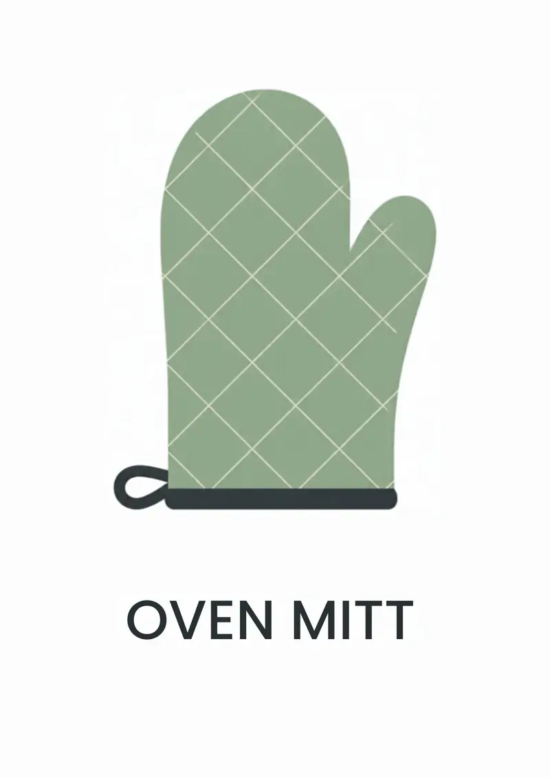A kitchen flashcard titled Oven Mitt: the words "oven mitt" over a green quilted oven glove.