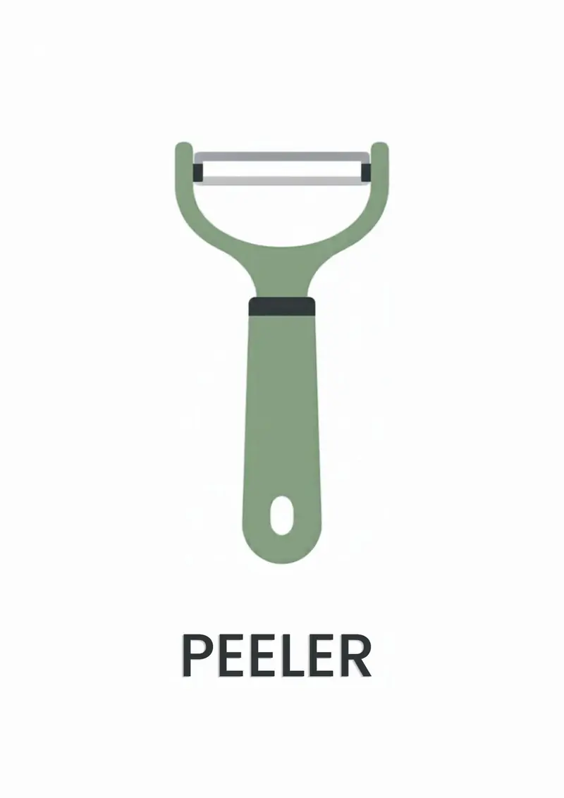 A kitchen flashcard titled Peeler: the word "peeler" over a green vegetable peeler.