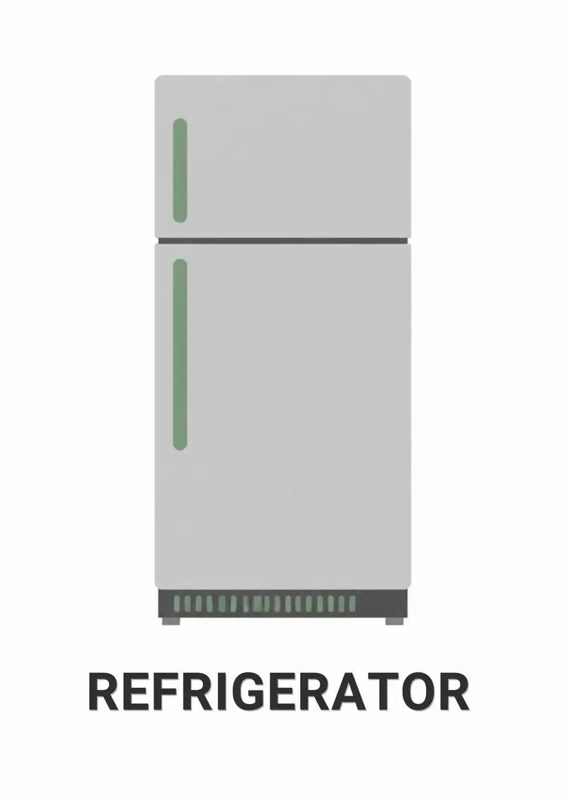 A kitchen flashcard titled Refrigerator: the word "refrigerator" over a gray two-door refrigerator.