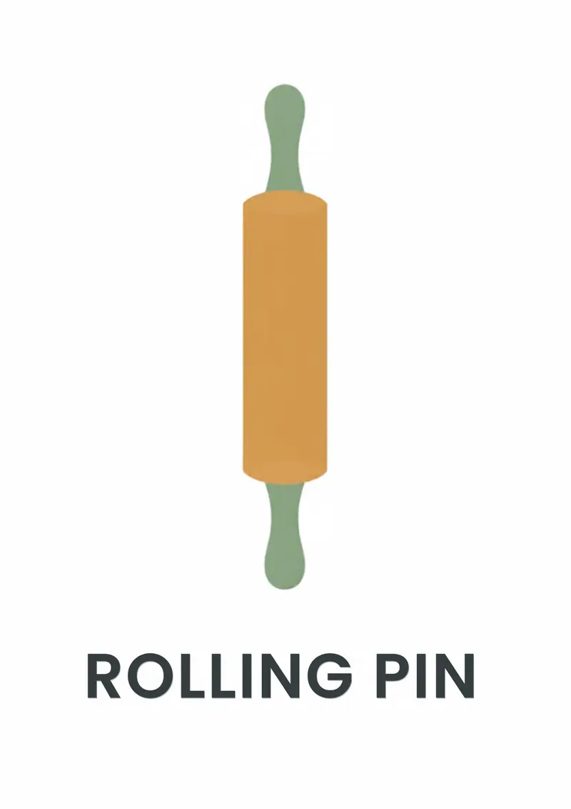 A kitchen flashcard titled Rolling Pin: the words "rolling pin" over a wooden rolling pin with green handles.