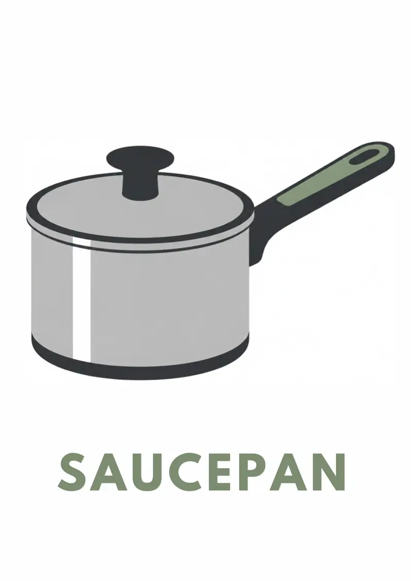 A kitchen flashcard titled Saucepan: the word "saucepan" over a silver pot with a long handle.