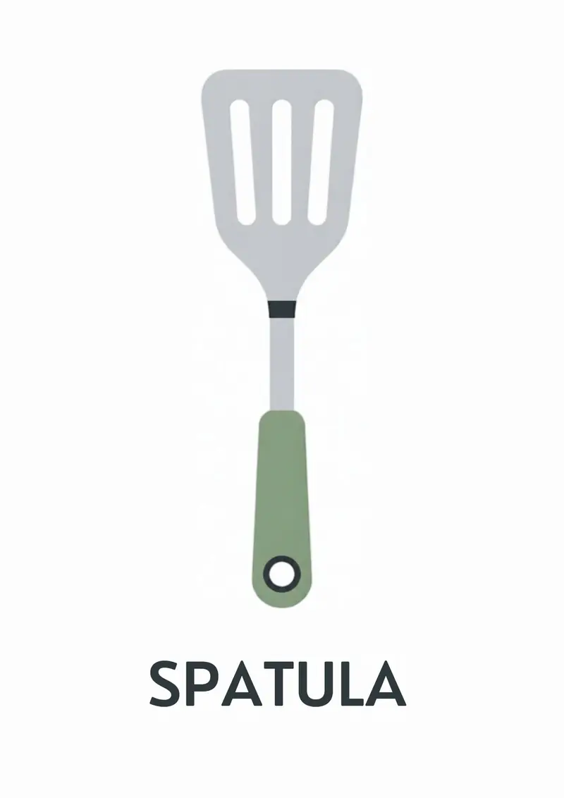 A kitchen flashcard titled Spatula: the word "spatula" over a green turning spatula.