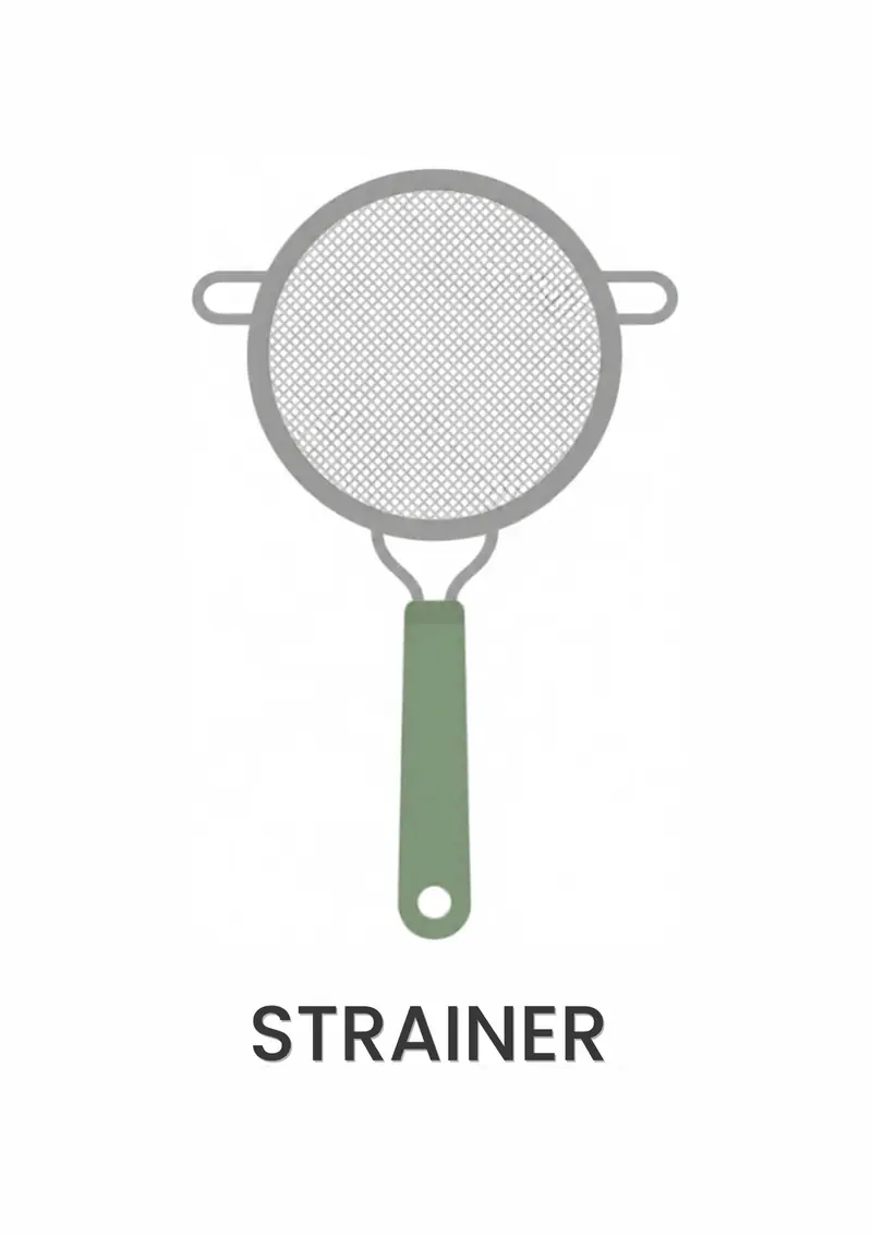 A kitchen flashcard titled Strainer: the word "strainer" over a fine-mesh sieve with a green handle.