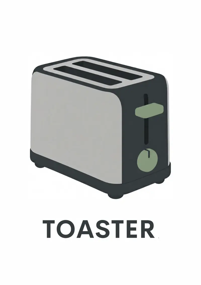 A kitchen flashcard titled Toaster: the word "toaster" over a gray two-slice toaster.