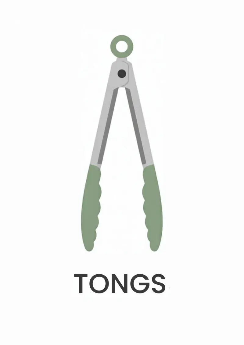 A kitchen flashcard titled Tongs: the word "tongs" over a pair of green kitchen tongs.