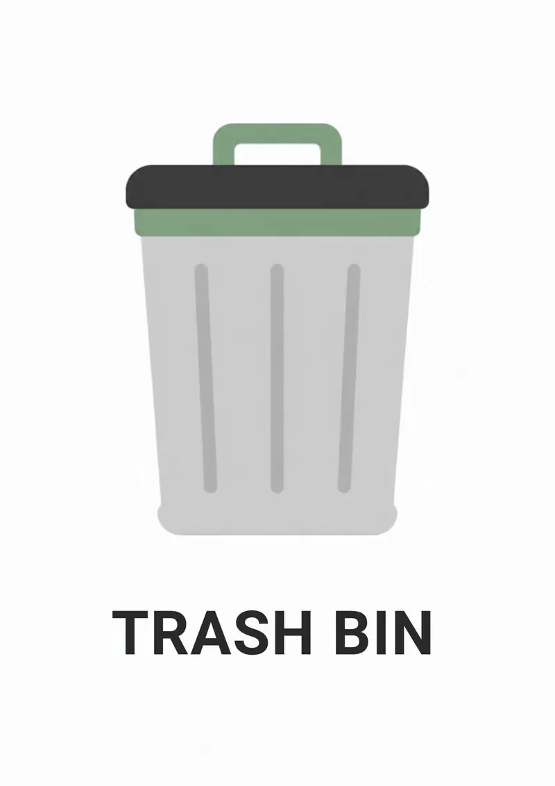 A kitchen flashcard titled Trash Bin: the words "trash bin" over a gray pedal bin with a green lid.