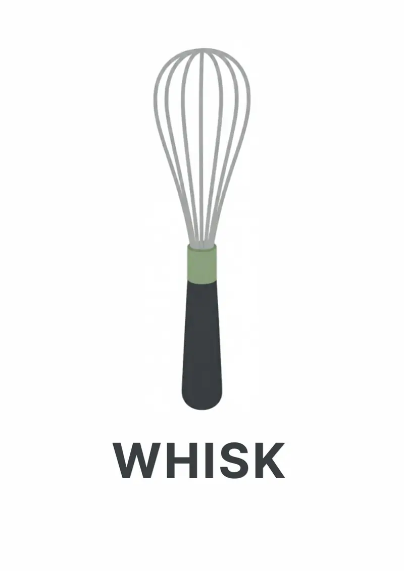 A kitchen flashcard titled Whisk: the word "whisk" over a balloon whisk with a black and green handle.