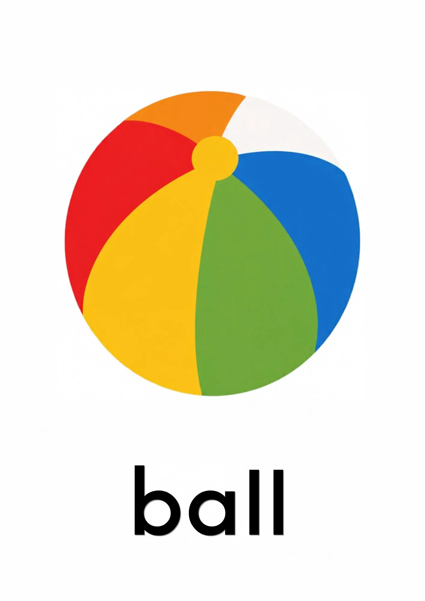 A toddler room flashcard titled ball: the word "ball" under a colorful beach ball in red, yellow, green and blue.