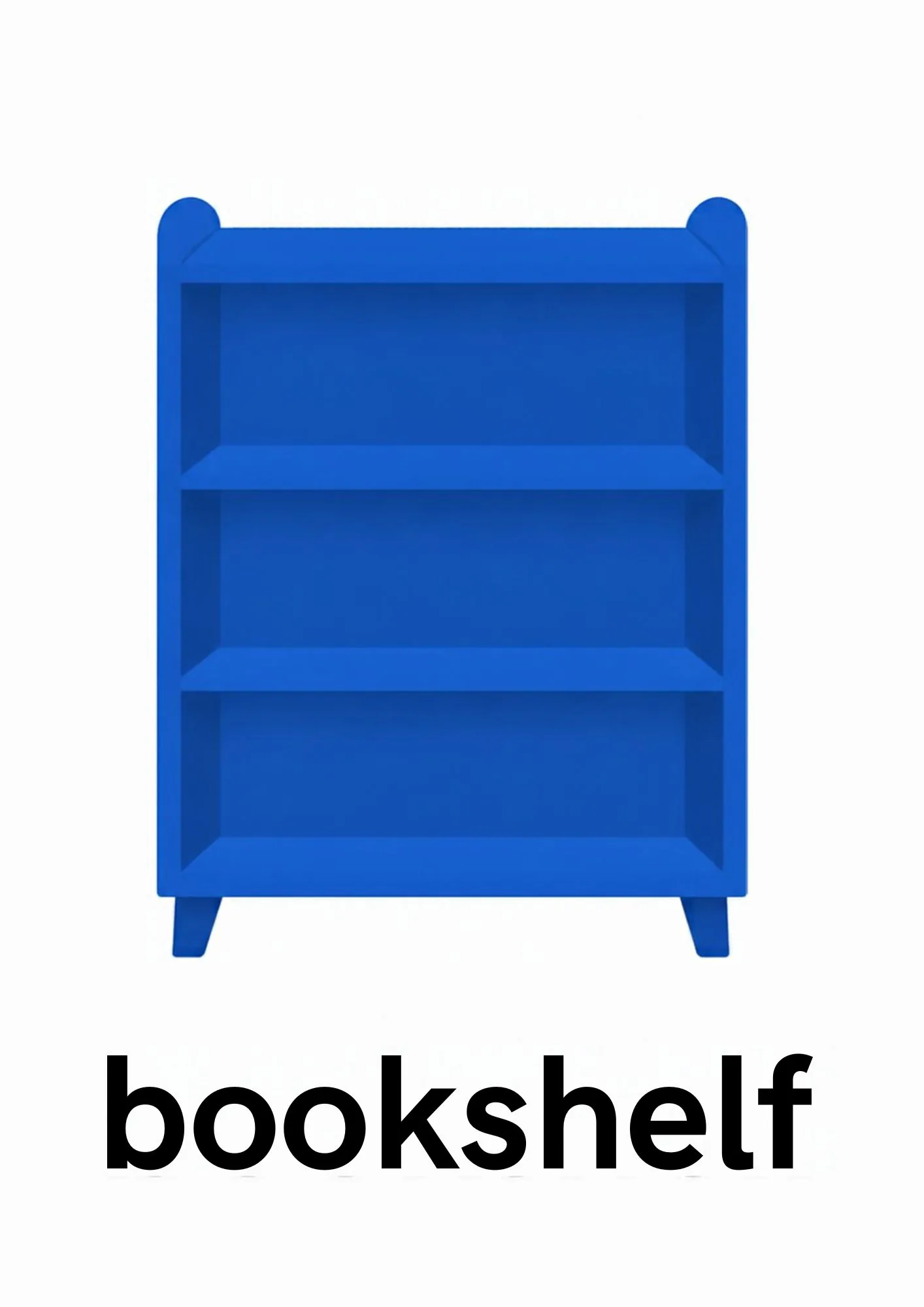 A toddler room flashcard titled bookshelf: the word "bookshelf" under a blue shelf with books on three shelves.