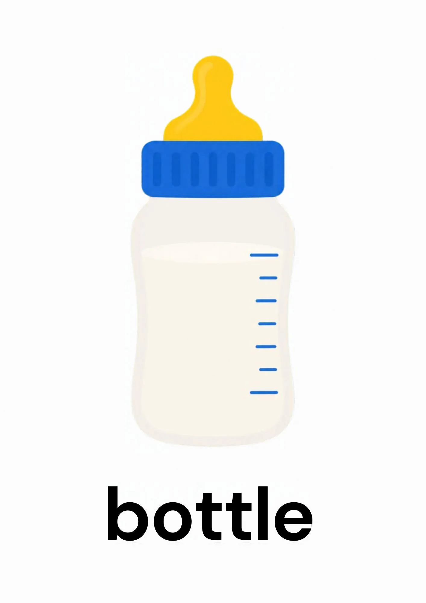 A toddler room flashcard titled bottle: the word "bottle" under a baby bottle with a yellow lid.