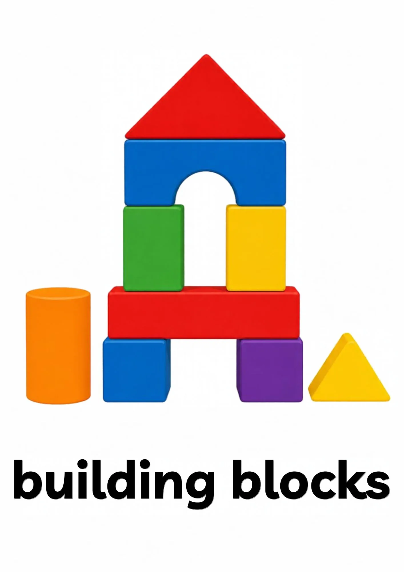 A toddler room flashcard titled building blocks: the words "building blocks" under a block tower in red, yellow, green and blue.