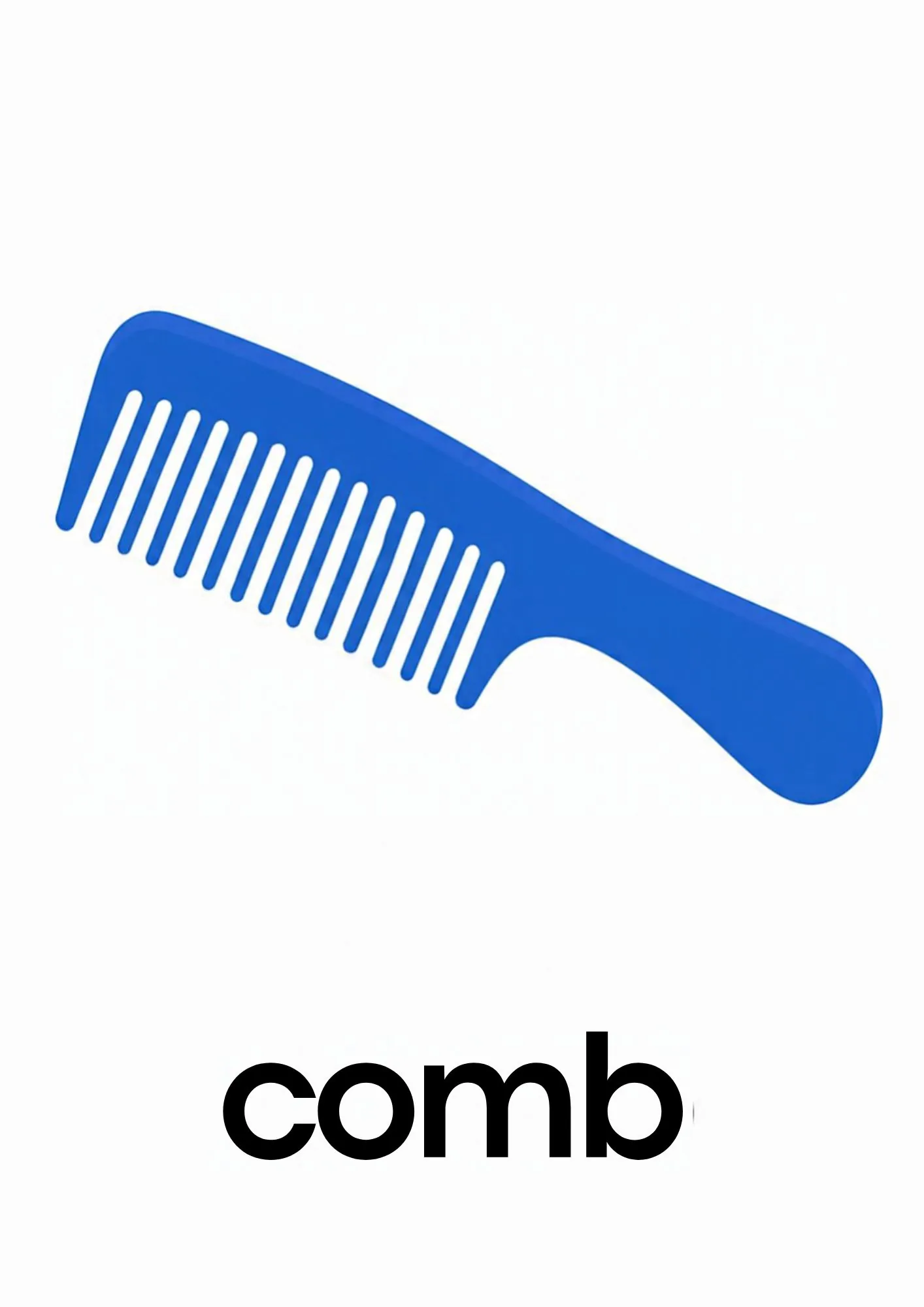 A toddler room flashcard titled comb: the word "comb" under a blue comb.
