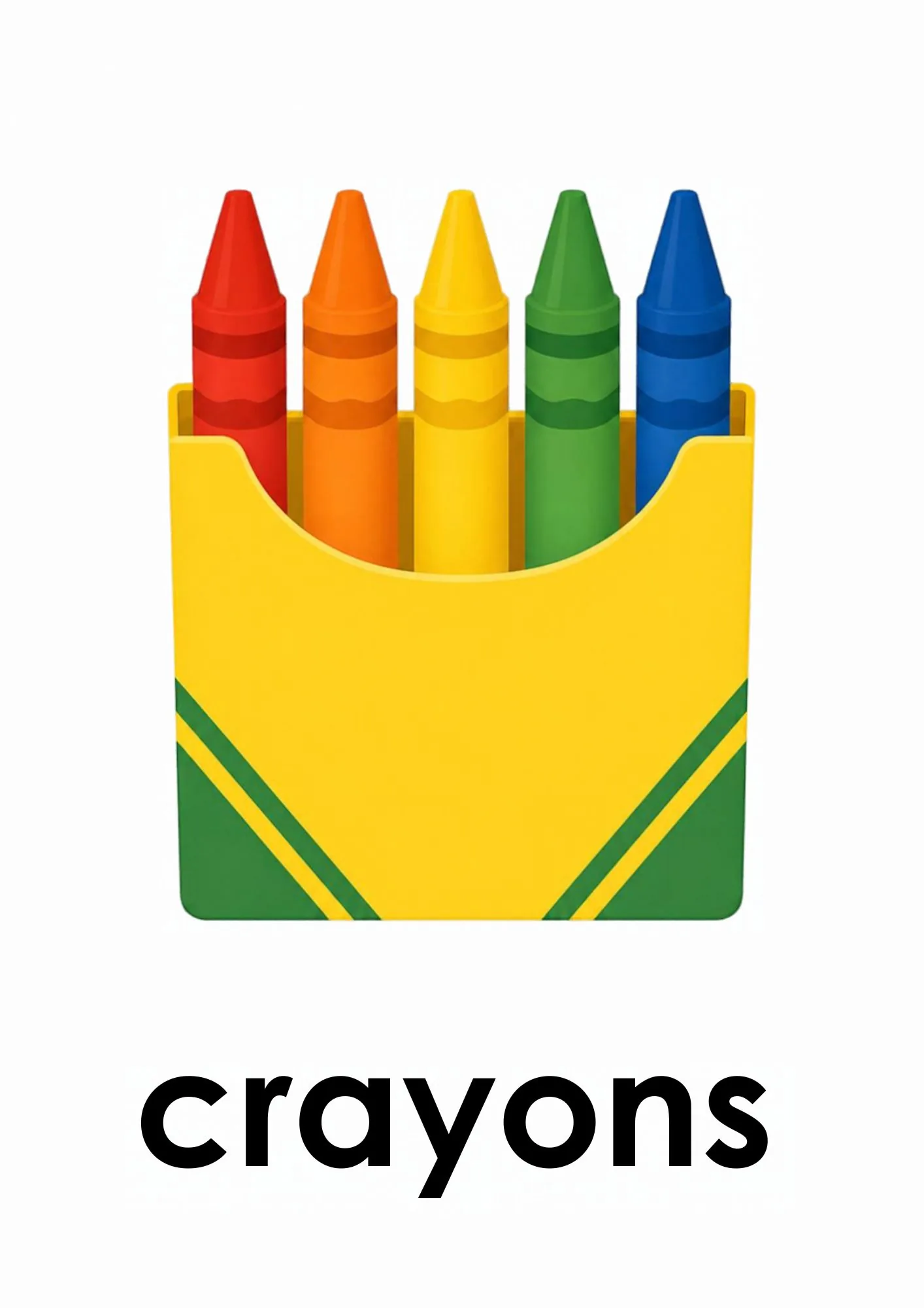 A toddler room flashcard titled crayons: the word "crayons" under five crayons in a yellow and green box.