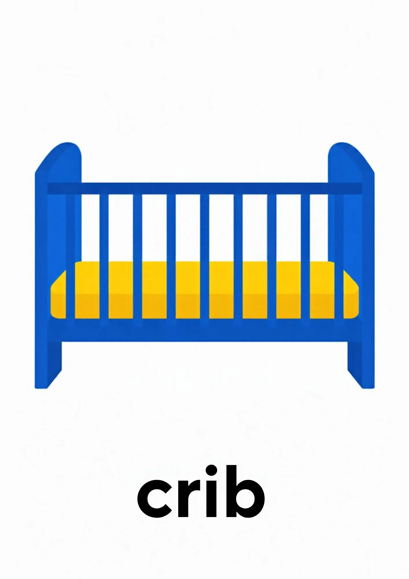 A toddler room flashcard titled crib: the word "crib" under a blue crib with yellow bedding.