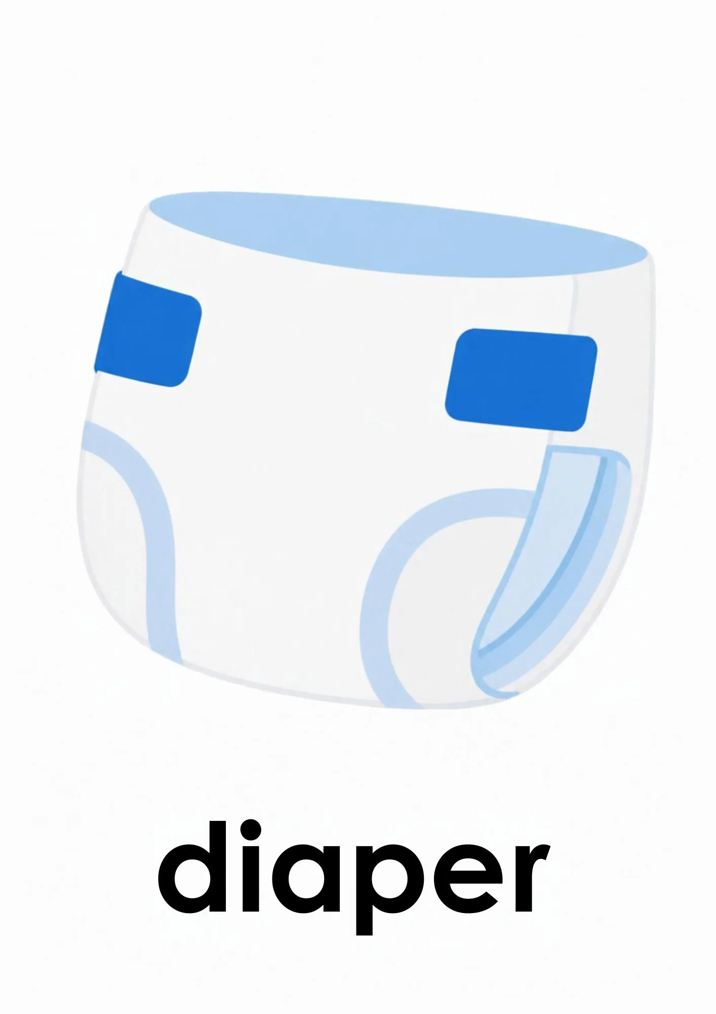 A toddler room flashcard titled diaper: the word "diaper" under a white taped diaper.