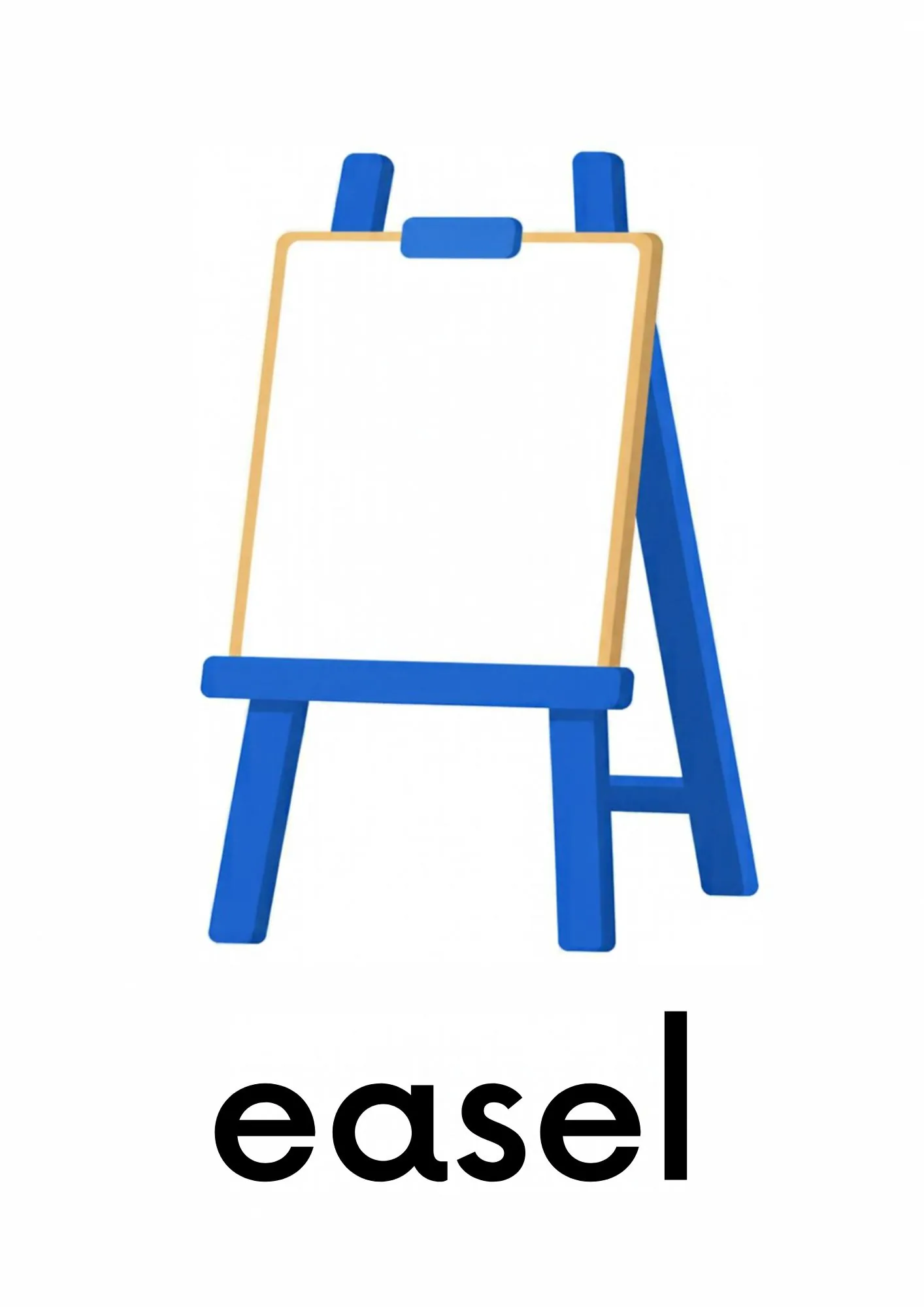 A toddler room flashcard titled easel: the word "easel" under a blue art easel with a white paper sheet.