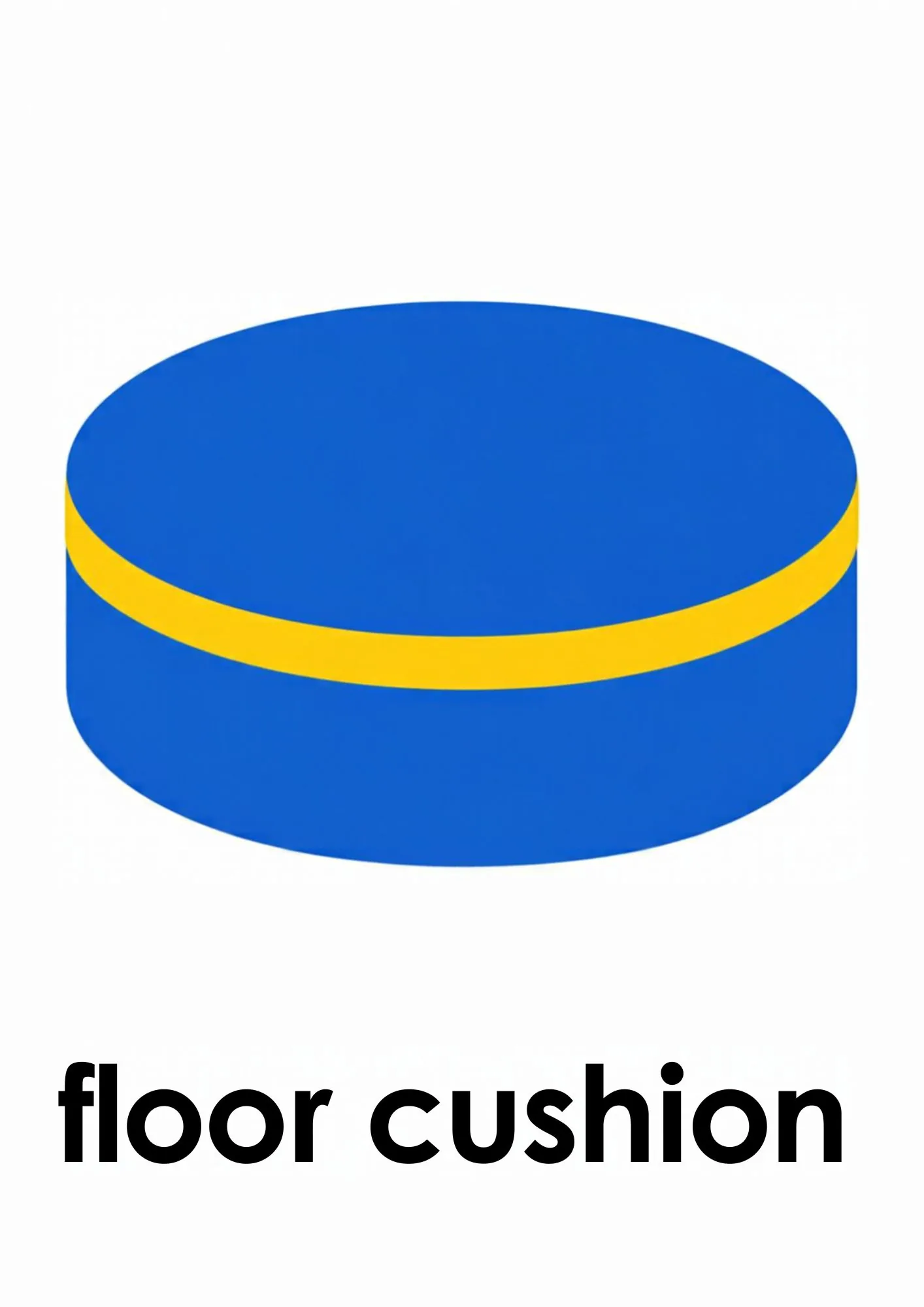 A toddler room flashcard titled floor cushion: the words "floor cushion" under a round blue floor cushion.